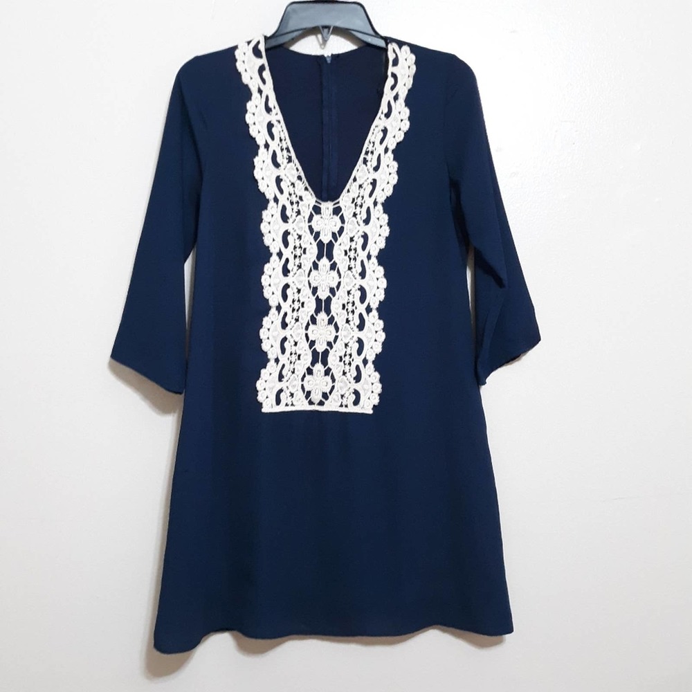 Apricot Lane tunic shift dress crochet panel navy